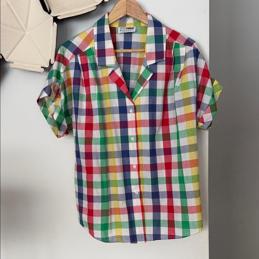 Vintage 80’s plaid button up top large